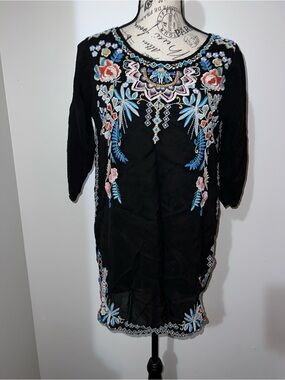 Johnny Was Embroidered Floral Blouse Black Boho Tunic Top Small